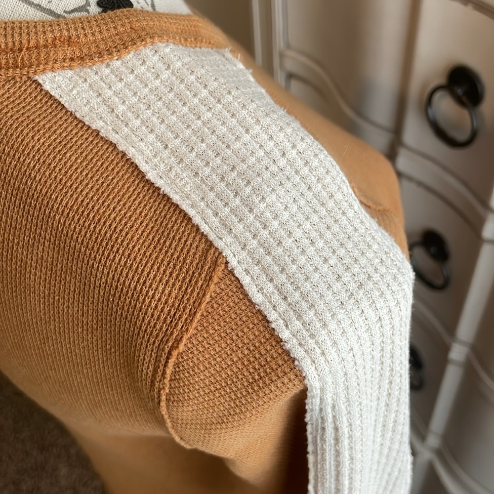 We the Free Free People Tasha Thermal Ochre Combo Waffle Knit Snap Cuff Top - Picture 10 of 12